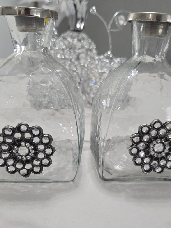 Other - ❤️❤️❤️Clear Glass Decorative Bottles with Silver Floral Accents (Set of 2)